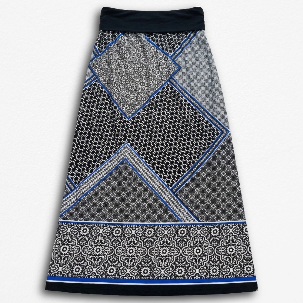 Alyx Womens XL Geometric Patchwork Maxi Skirt Black Blue White Stretchy Boho‎